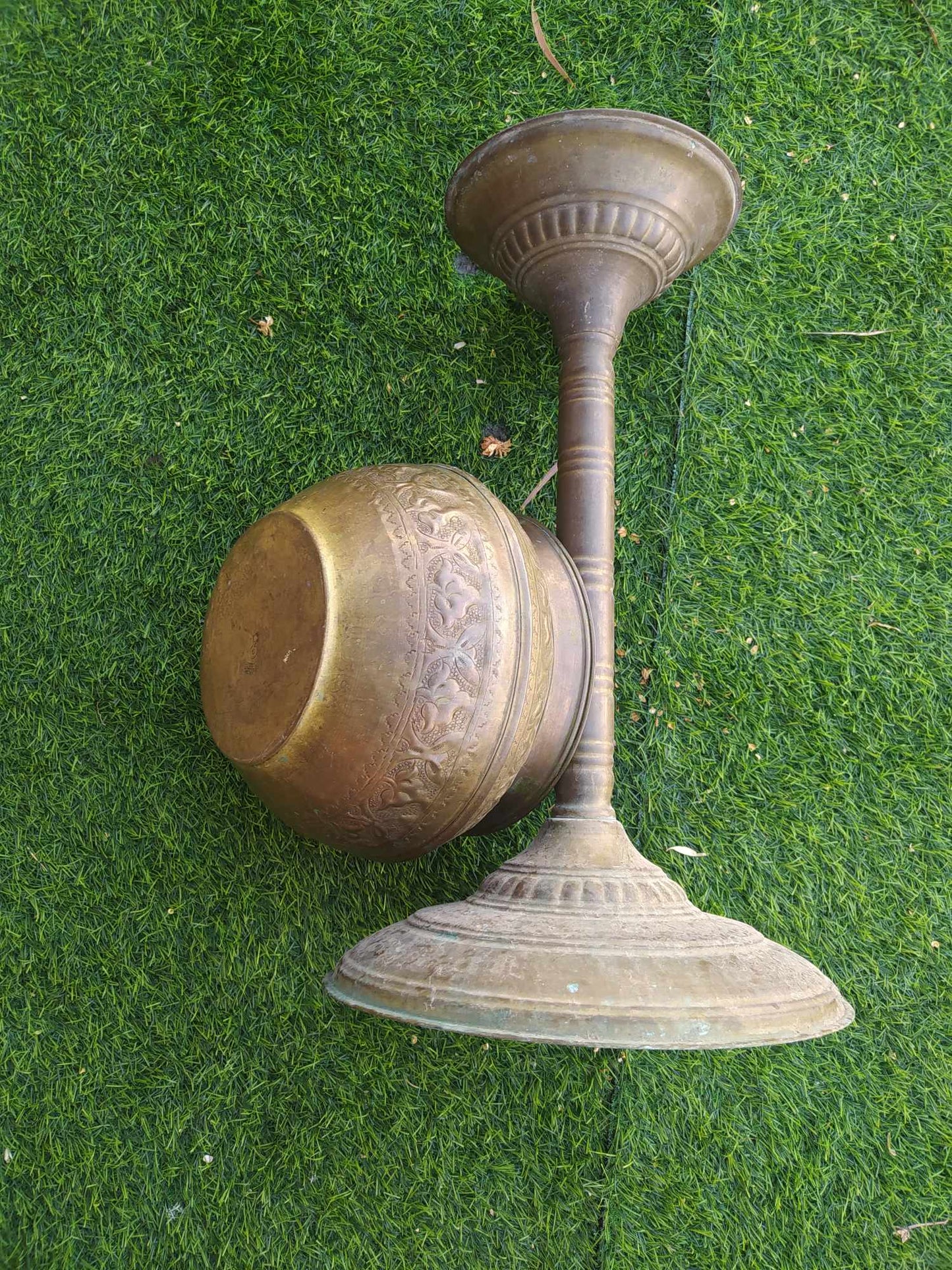 Antique Copper Bowl With Stand Handcraft Decor Holly Land Jerusalem