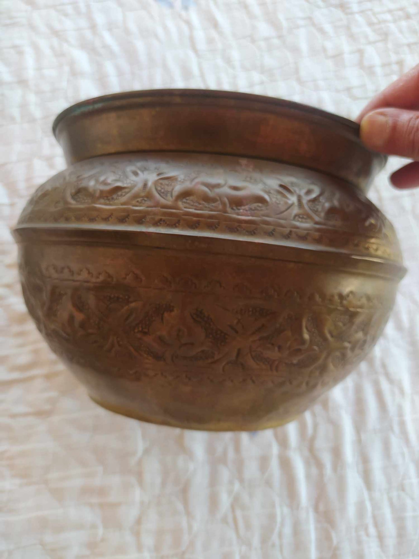 Antique Copper Bowl With Stand Handcraft Decor Holly Land Jerusalem