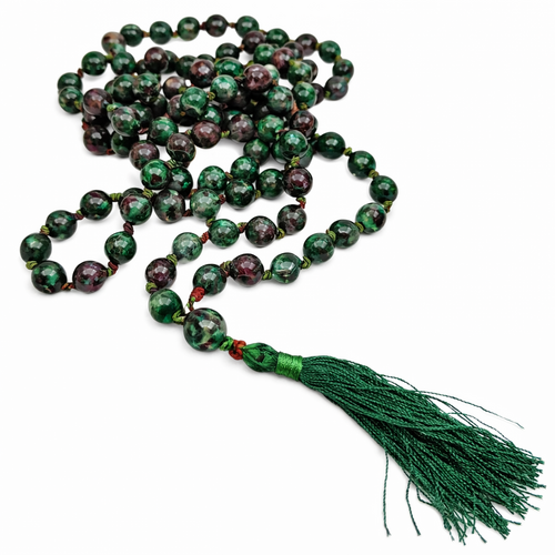 Green Stone Beaded Mala Necklace with Tassel